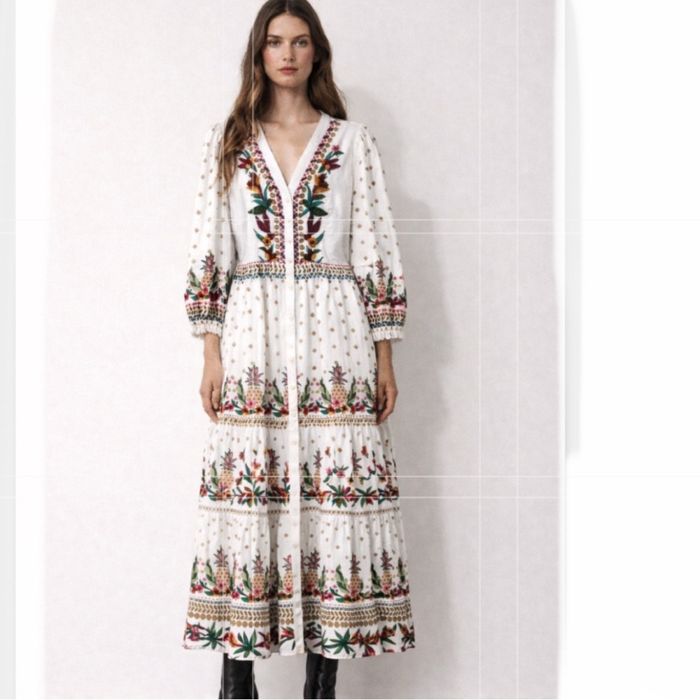 Chico's Beaded Button Down Ruffled Tiered Loose Maxi Dress w/ Pockets Size 14